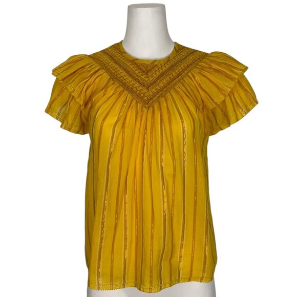 Saylor Ruffle Blouse XS Yellow Stripe Pleated Tiered Cap Sleeve Metallic Western - Picture 1 of 13